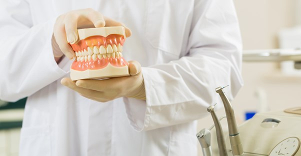 a dentist holds a set of full dentures