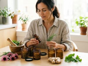 a woman reading the bottles of her herbal supplements