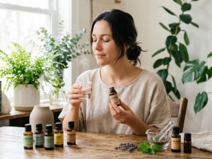 a woman smelling a bottle of her essential oils