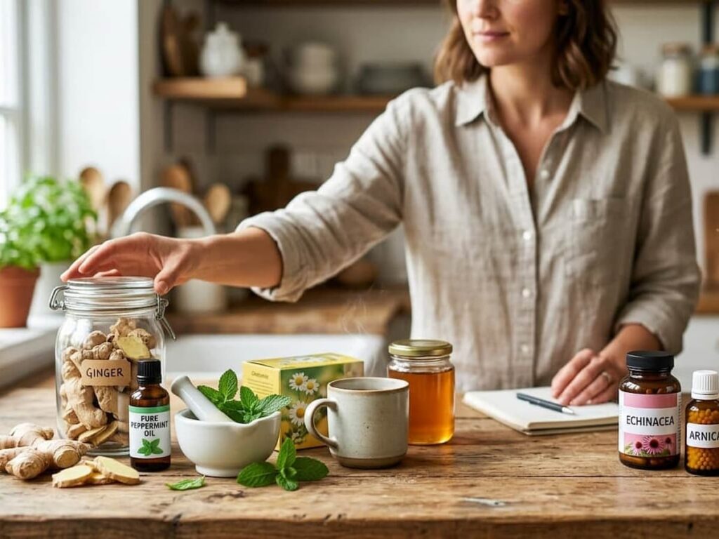 a woman in her kitchen with some natural remedy ingredients