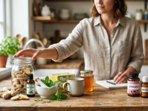 a woman in her kitchen with some natural remedy ingredients