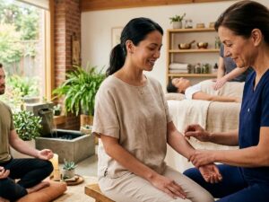 a chiropractic office with a provider and patients