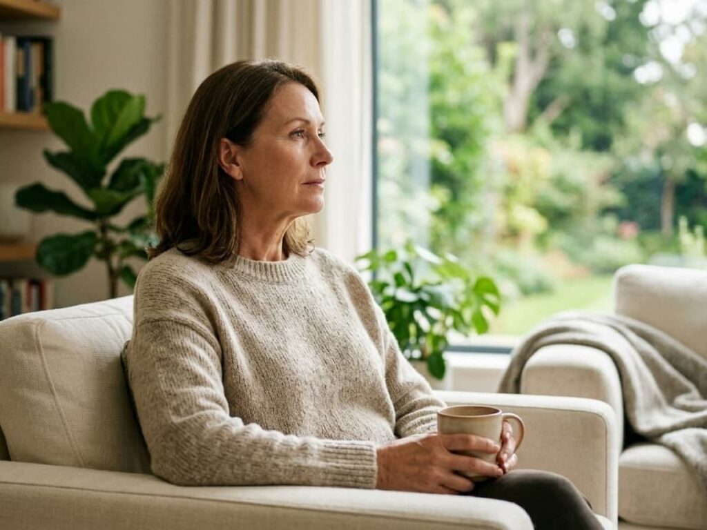 a woman struggles with inflammation at home