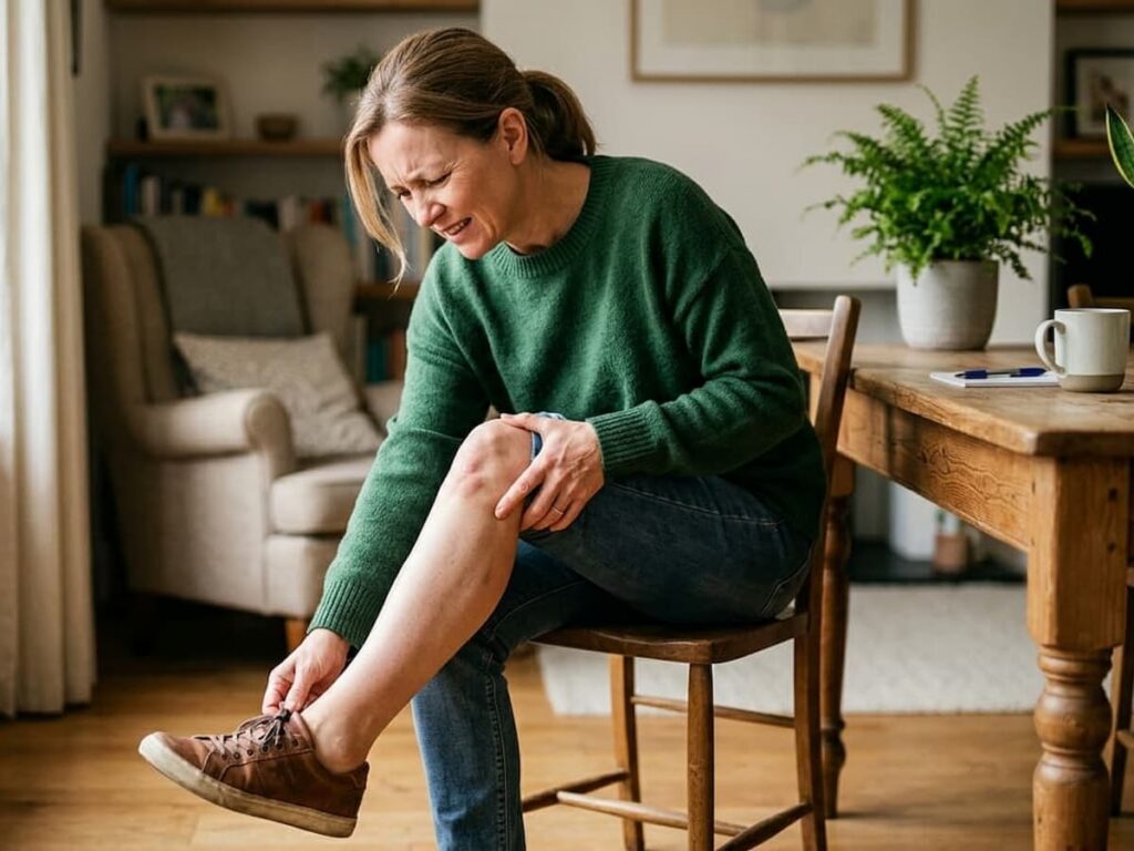 a woman holds her ankle in pain
