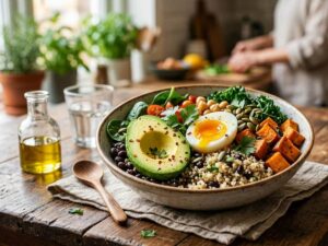 a mixed bowl of healthy and filling foods