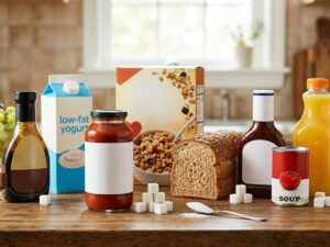 an array of foods in the kitchen that have added sugars