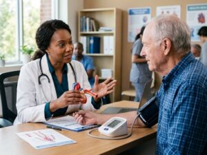 a doctor explaining high blood pressure to her patient